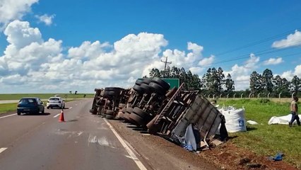 Caminhão carregado com esterco tomba na BR-163 em Santa Tereza do Oeste