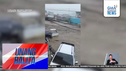 Kulay putik na baha, rumagasa sa Canlaon City; ilang sasakyan, natumba at inanod | Unang Balita