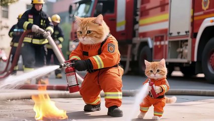 🚒🐱 Tiger-Hat Kitten Becomes a Tiny Firefighter — Saves Grandma & Black Cat from the Flames! ❤️🔥