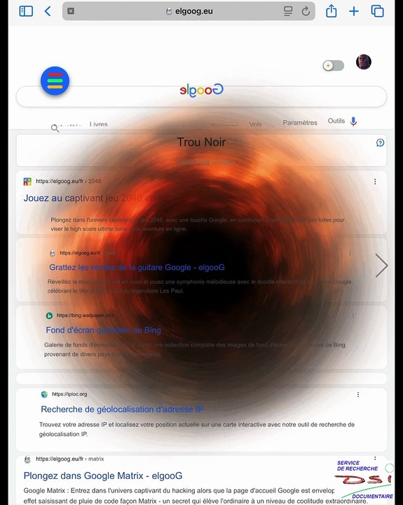 DSI. Les Oeufs de Pâques de Google (Easter Eggs). Chapitre 10. Les faux Easter Eggs. elgooG. 3e partie. Les Easter Eggs d'elgooG  :  Le trou noir