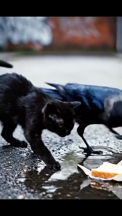 Crow Helps Cat Eat 🐦🐱 | Unbelievable Animal Friendship | Heartwarming Animal Video 2025