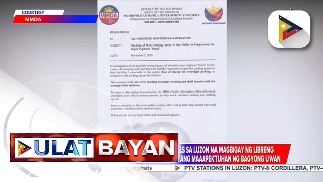 MMDA, pinakiusapan ang shopping malls sa Luzon na magbigay ng libreng overnight parking para sa mga motoristang posibleng maapektuhan ng Bagyong #UwanPH