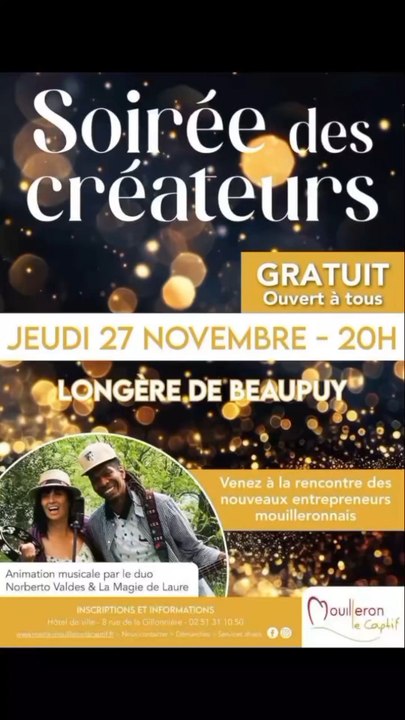 Bonjour 🙂 nous sommes heureux d'animer cette soirée des Créateurs à Mouilleron le Captif le 27 novembre à 20 h 00 ! Concert à 20 h 00 Venez nombreuxinformations Hôtel de Ville mouilleron le captif 02 51 31 10 50