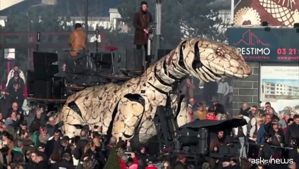 Un varano e un drago in piazza a Calais, lo spettacolo mozza il fiato