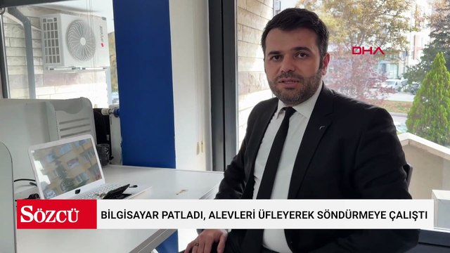 Dizüstü bilgisayar bomba gibi patladı, alevleri üfleyerek söndürmeye çalıştı