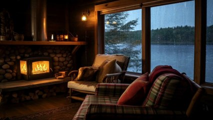Cozy Cabin - Rain and Fireplace Sounds At Cozy Porch | Relaxing Rainy Tropical Forest Ambience |