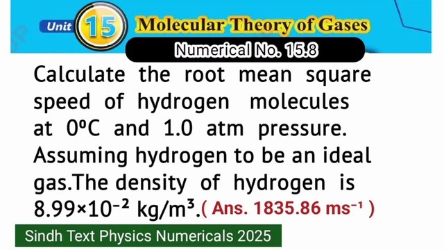 Calculate the root mean square speed of hydrogen molecules at 0 degree centigrade and 1 atm pressure. Assuming hydrogen to be an ideal gas. The density of hydrogen is 8.99×10^-2 kg/m3