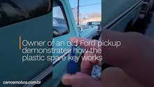 Owner of an old Ford pickup demonstrates how the plastic spare key works