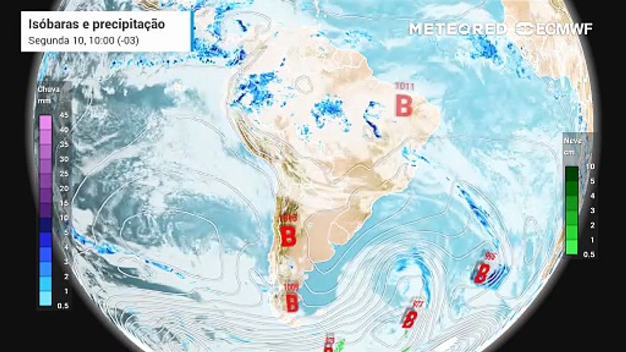 Segunda-feira: 10 de novembro: Previsão de precipitação, nebulosidade e pressão a nível médio do mar para o Brasil entre a segunda (10) e quarta-feira (12).