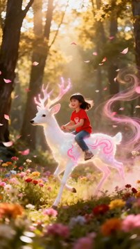 A young girl with curly hair rides a pastel-colored pegasus with rainbow wings f. products selling Link Bio Twitter click Here buy now