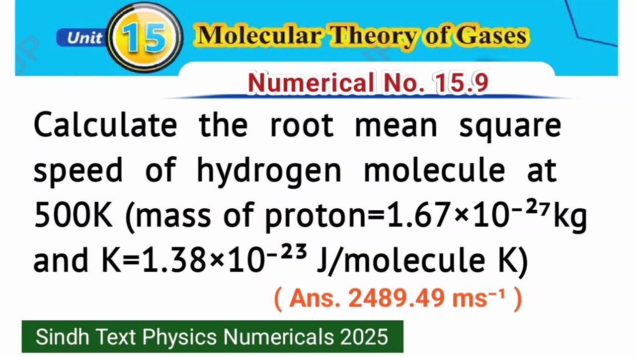 Calculate the root mean square speed of hydrogen molecule at 500 k ( mass of proton=1.67×10^-27 kg and K=1.38×10-23 j/molecule K)