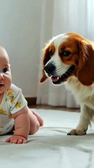 Dog Bursts With Excitement at Sight of His Baby Brother Crawling