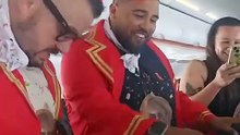 Best friends dressed as flight attendants surprise man on plane for milestone birthday trip