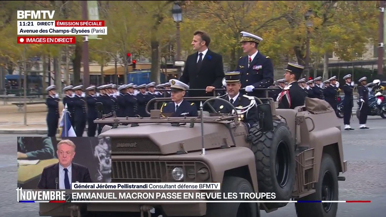 Commémorations du 11-Novembre: la revue des troupes présentes sur les Champs-Élysées par Emmanuel Macron