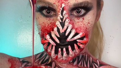 Artist creates a jaw-dropping Halloween SFX makeup transformation with glam and demonic vibes
