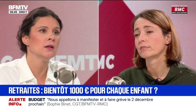 Retraites: 1.000 euros à la naissance, pour nous c'est non, c'est très coûteux , assure Sophie Binet