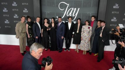 The cast of Netflix's "Jay Kelly" poses together at the film's premiere in Los Angeles