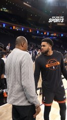 Karl-Anthony Towns dapping up Patrick Ewing and Spike Lee