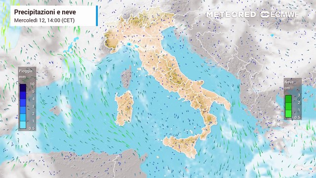 Mappa relativa a nubi e piogge in arrivo sull'Italia