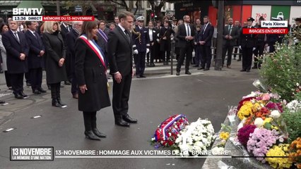 13-Novembre: le chef de l'État et la maire de Paris dépose une gerbe devant la Bonne Bière en hommage aux victimes