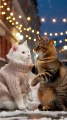 Generate a video showing two cats in a snowy city! A goofy tabby, eyes squeezed