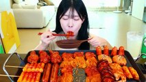 ASMR MUKBANG Fire spicy Enoki Mushrooms, Fire Noodles, Rice paper Wrap, Whole Spam, Sausage.