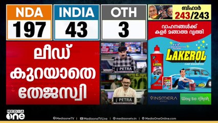 'ബിഹാർ തൂത്തുവാരി' കേവല ഭൂരിപക്ഷം കടന്ന് NDA ; തേജസ്വി യാദവ് പിന്നിൽ