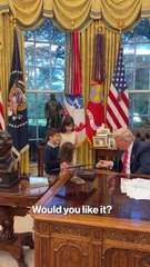 President Trump greets kids visiting Oval Office