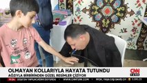 Olmayan kollarıyla hayata tutundu: Ağzıyla birbirinden güzel resimler çiziyor