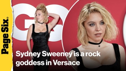 Sydney Sweeney is a rock and roll goddess in slinky black Versace dress at GQ Men of the Year party