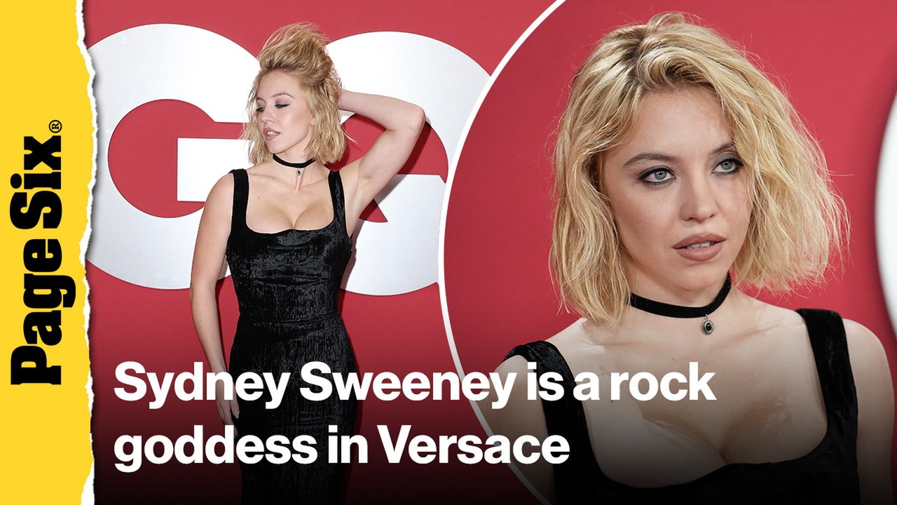 Sydney Sweeney is a rock and roll goddess in slinky black Versace dress at GQ Men of the Year party