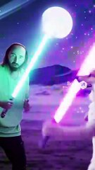 rapping in a lightsaber duel against a dog
