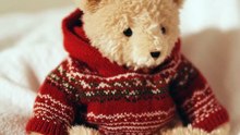 A teddy bear doll wearing christmas hoodie