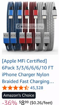 New .Apple MFi Certified] 6Pack 3/3/6/6/6/10 FT iPhone Charger Nylon Braided Fast Charging Lightning Cable