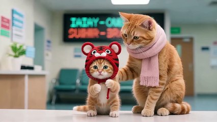 Tiger-Hat Kitten Donates Blood at Hospital to Save a Sick White Kitten