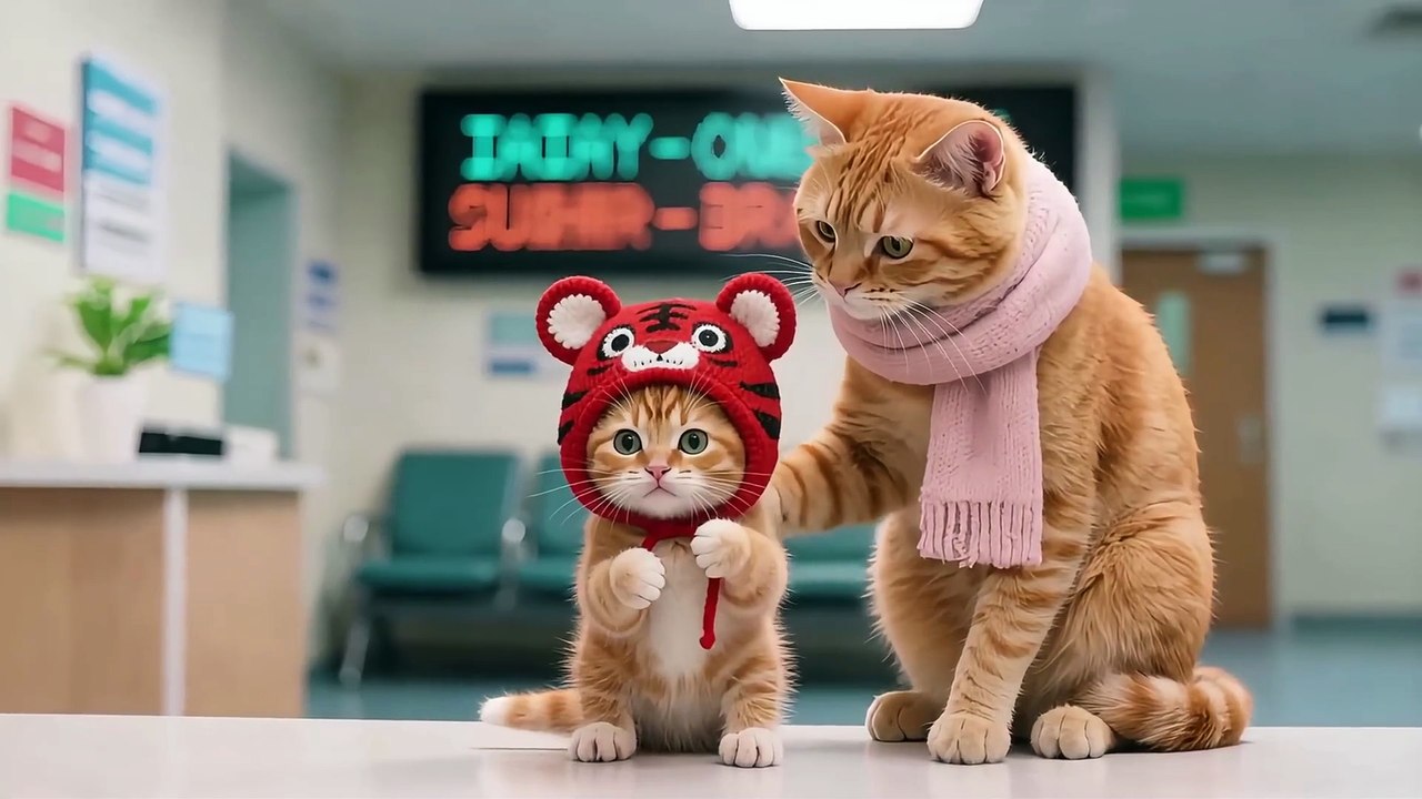 Tiger-Hat Kitten Donates Blood at Hospital to Save a Sick White Kitten