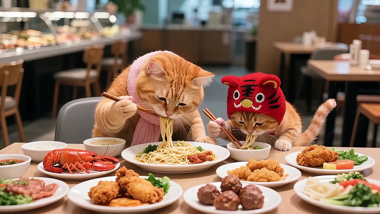 Tiger-Hat Kitten’s Buffet Feast—Stuffed Till Tummies Are Round, Boss Is Shocked