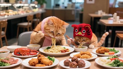 Tiger-Hat Kitten’s Buffet Feast—Stuffed Till Tummies Are Round, Boss Is Shocked