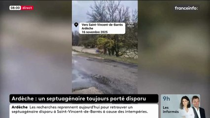 Les recherches pour retrouver un septuagénaire emporté hier par une rivière en crue en Ardèche, suspendues pour la nuit, ont repris ce matin - VIDEO