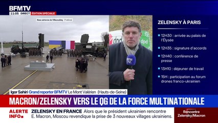 Volodmyr Zelensky et Emmanuel Macron en route vers le Mont Valérien pour se rendre à l'état-major de la "force multinationale Ukraine"