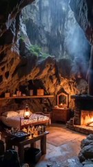 Cinematic cave mountain resort.