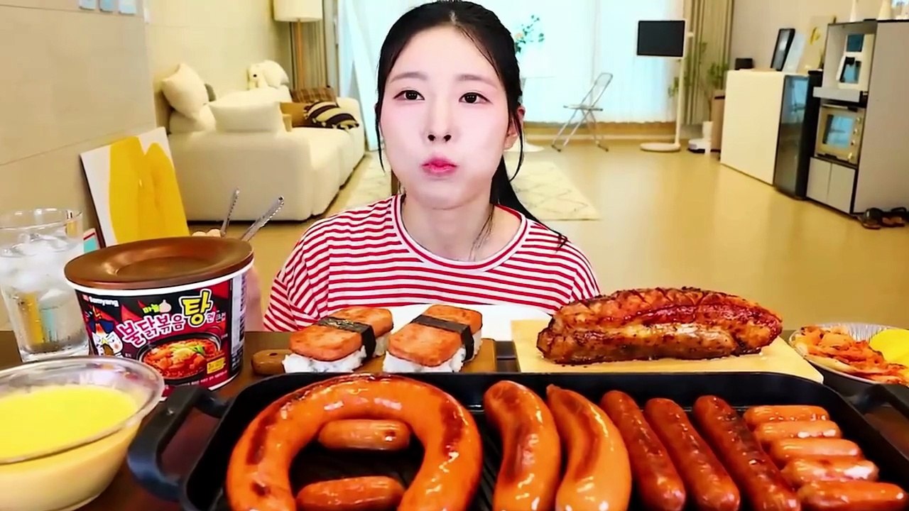 ASMR MUKBANG  Sausage Party! Fire Noodles, Smoked Pork Belly and Spam Musubi EATING