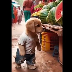 Hungry puppy has a stomach ache.