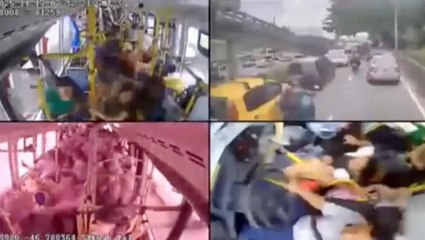 Packed out-of-control bus smashes through busy traffic after brakes fail