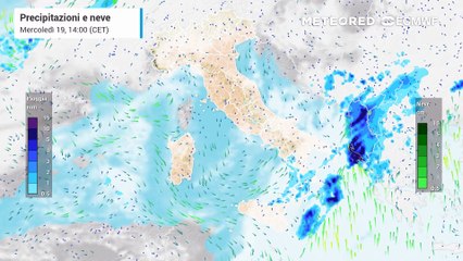 Mappa relativa a pioggia e neve in arrivo sull'Italia