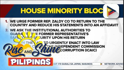 Ilang kongresista, ikinalugod ang pag-usad ng kaso vs. mga sangkot sa maanomalyang flood control projects; House minority bloc, muling nanawagan kay ex-Rep. Zaldy Co na umuwi at harapin ang mga alegasyon | ulat ni Mela Lesmoras