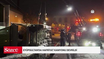 Eyüpsultan'da hafriyat kamyonu devrildi: Sürücü ölümden döndü