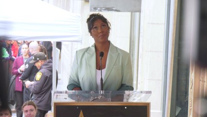 Simone Ledward-Boseman gives a speech at Chadwick Boseman's posthumous Hollywood Walk of Fame star ceremony