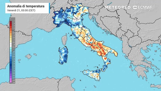 Mappa relativa alle anomalie di temperature previste In Italia nei prossimi ngiorni