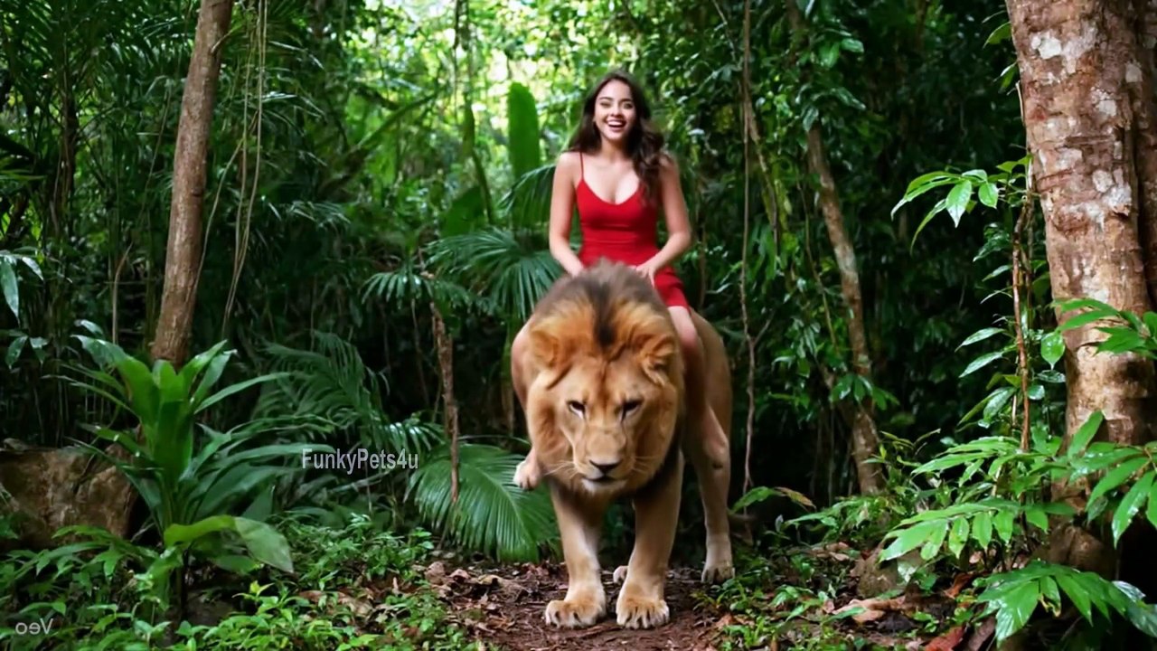 Young beautiful jungle girl with her pet lion - FunkyPets4u